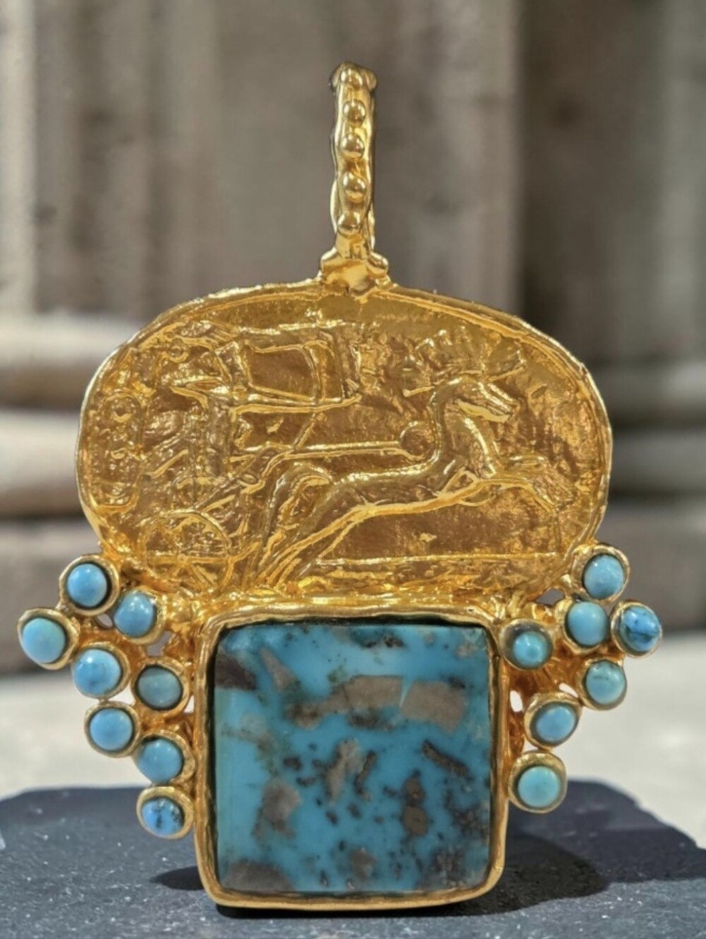 22k Gold Plated Etruscan Revival Chariot Coin Genuine Turquoise Necklace Pendant